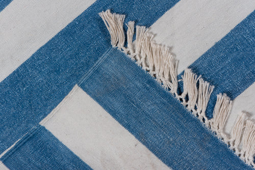 Blue and white stripe handmade vintage Kilim area rug with fringes